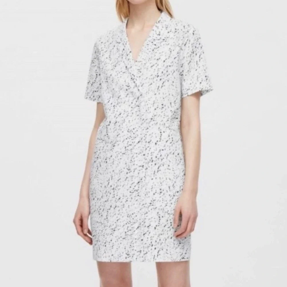 COS Crinkled Zip Front‎ Dress White Black Speckled Short Sleeve Collared Size 6